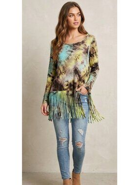 Tie-Dye Fringe Hem Long Sleeve Tunic Top Small By Entro